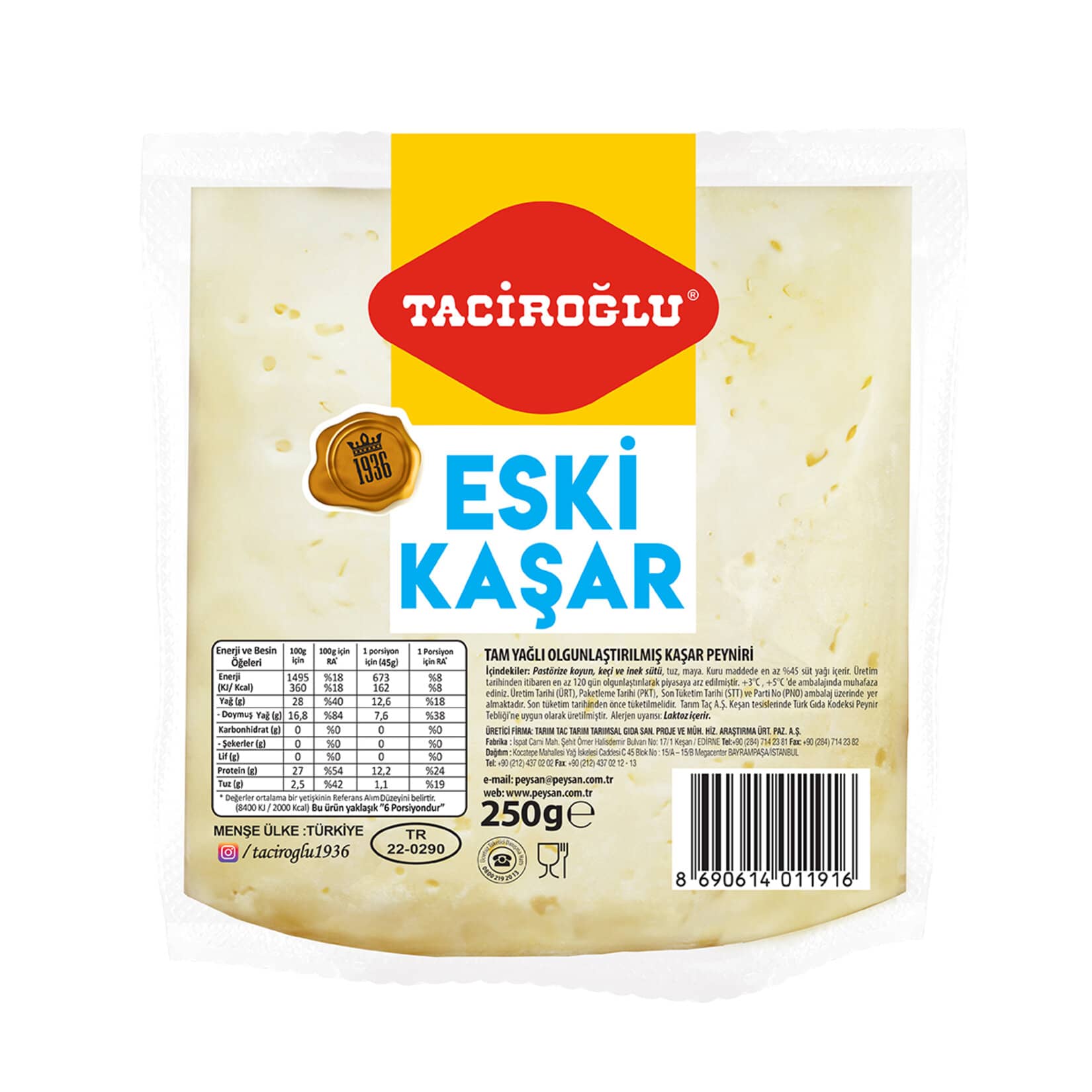 Taciroğlu Tam Yağlı Olgunlaştırılmış Eski Kaşar Peynir 250 G