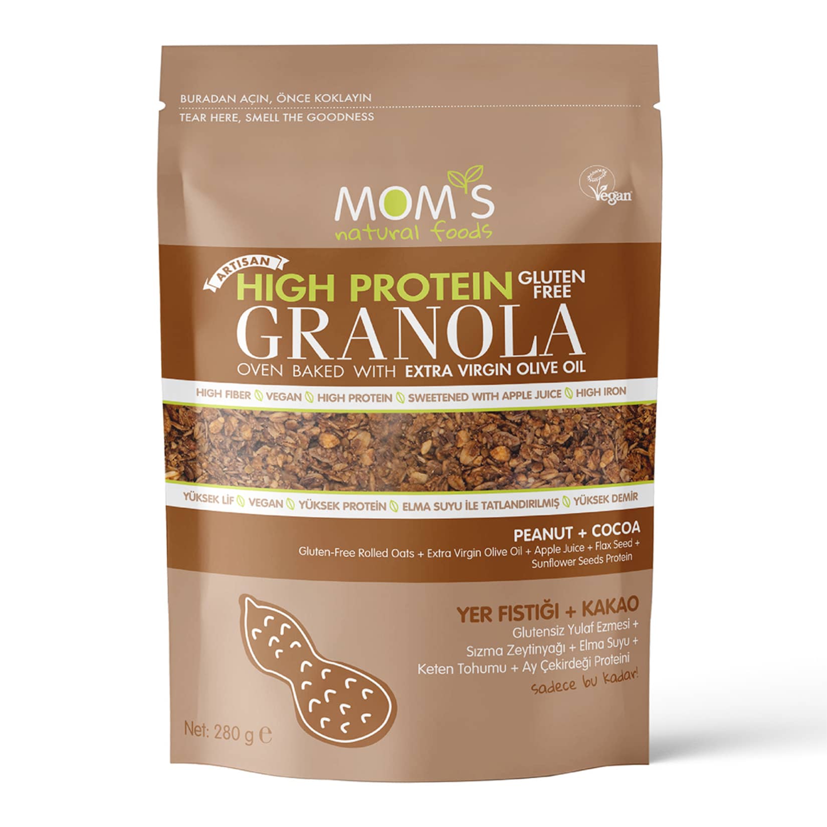 Mom's Yüksek Proteinli Glutensiz Yer Fıstıklı Kakao Granola 280 G