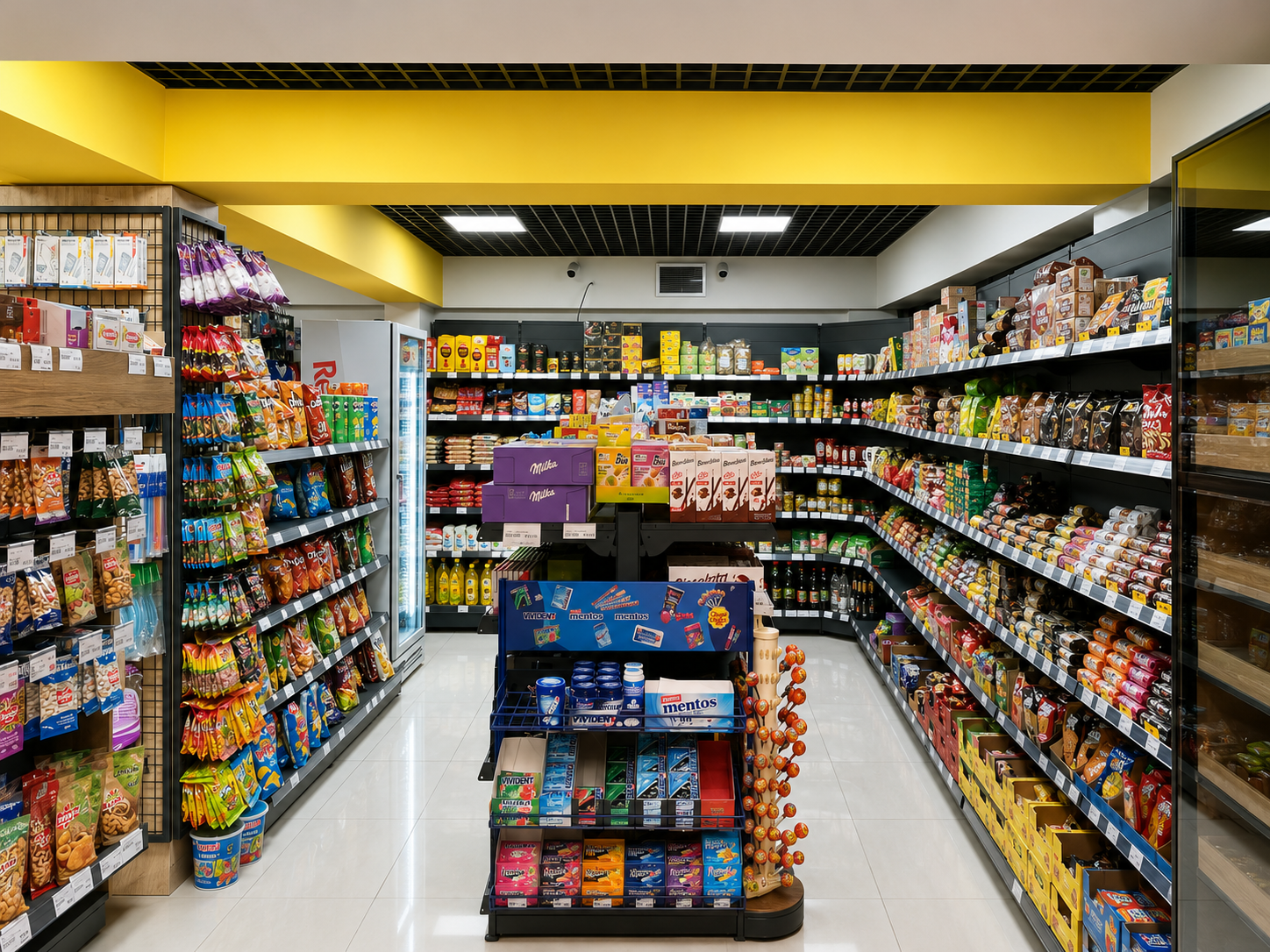 Market içi: atıştırmalık ve temel gıda rafları